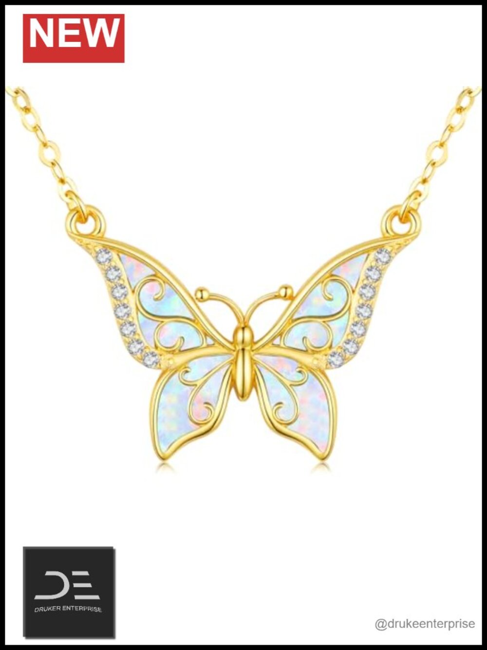 Gold Plated Butterfly Opal Pendant Necklace Elegant Women's Jewelry Gift
